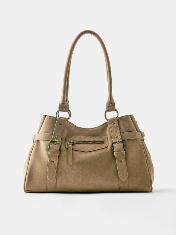 Tan Suede Buckle Tote